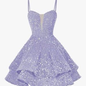 Sparkling Lavender Sequin Prom Dress with Spaghetti Straps